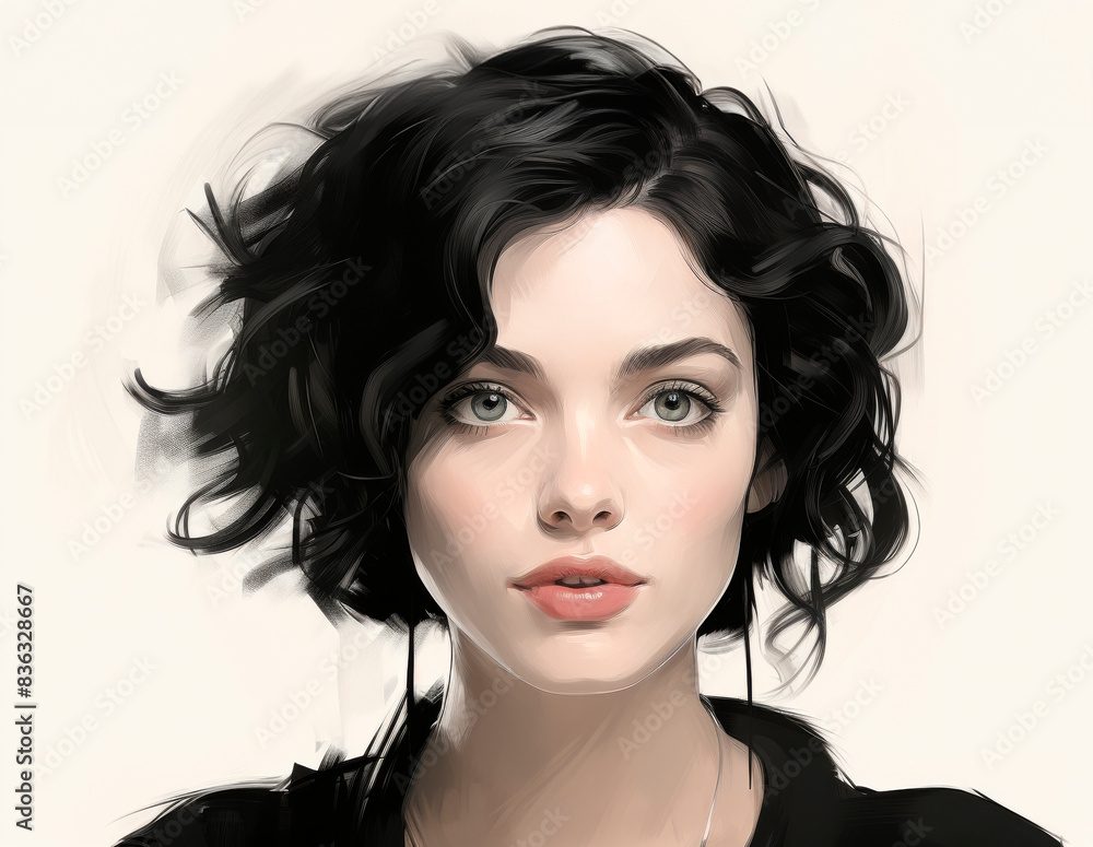 Naklejka premium Illustration of a girl with short, wavy black hair and expressive green eyes on a light background. Concept: use in fashion magazines, book and magazine covers, advertising illustrations, posters