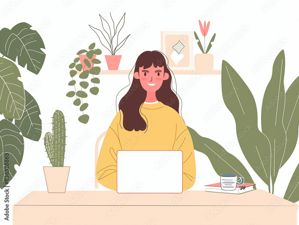 Illustration of a Girl Working on Laptop in Cozy Workspace Illustration of a Girl Working on Laptop in Cozy Workspace
