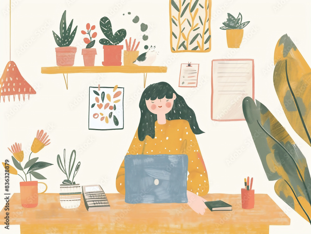 Illustration of a Girl Working on Laptop in Cozy Workspace