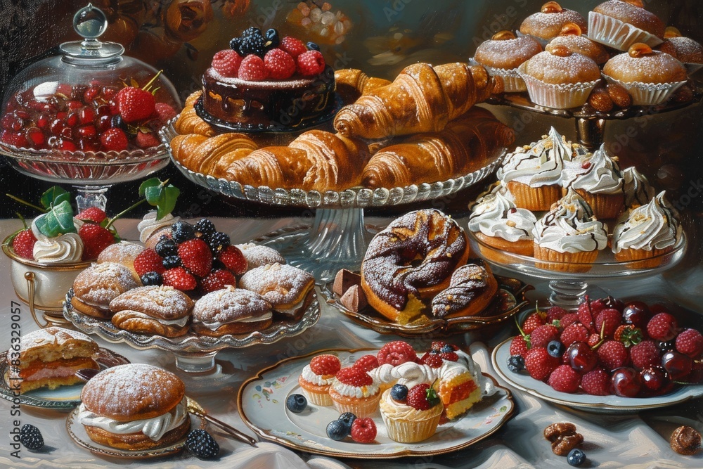 Produce an oil painting of a lavish dessert spread Produce an oil painting of a lavish dessert spread