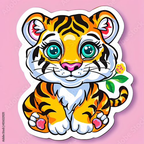 Cute Tiger Cub Illustration on Pink Background photo