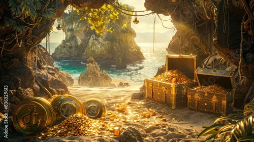 a deserted island with a treasure trove of gold buried underground. Gold coins and gold bars were dug up and lined up on the sand. The sunlight shone down and gold sparkled in the peaceful atmosphere.