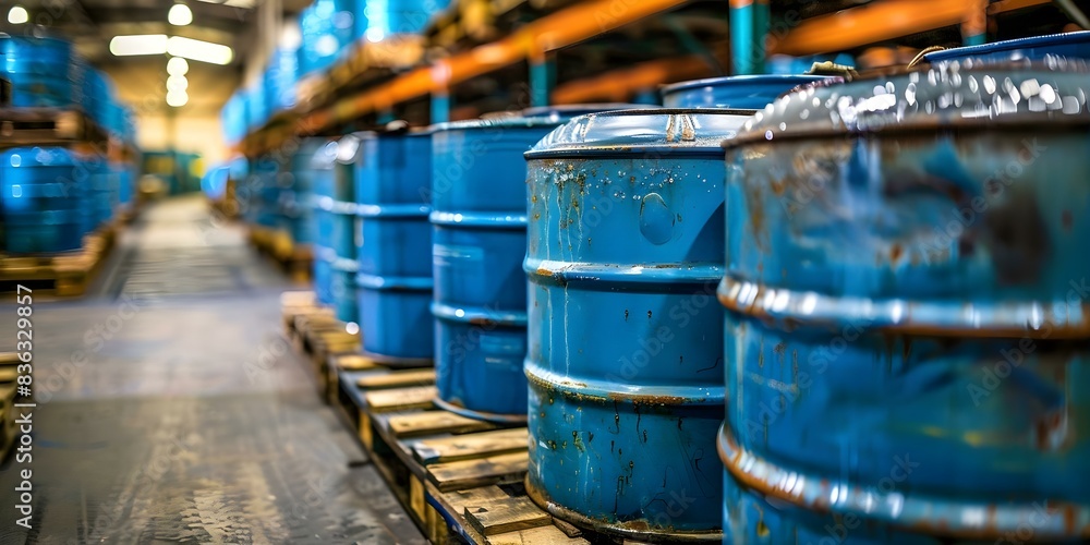 Blue drums filled with chemicals on pallets in warehouse for industrial dispatch. Concept Chemical Drums, Industrial Warehouse, Dispatch Process, Pallet Storage, Hazardous Materials Blue drums filled with chemicals on pallets in warehouse for industrial dispatch. Concept Chemical Drums, Industrial Warehouse, Dispatch Process, Pallet Storage, Hazardous Materials