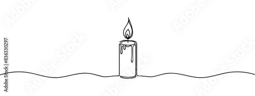 One line continuous lightning candle symbol concept. Silhouette of burning memorial ceremony church tradition. Digital white single line sketch drawing vector illustration