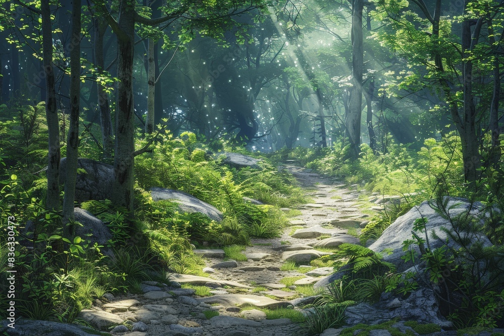 Fototapeta premium Craft a digital illustration showcasing a realistic view of a forest trail from behind Emphasize the winding path
