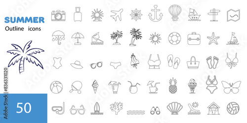 Summer vector icon set. Icons, signs and banners. Collection elements for summer holidays, travel, tourism and parties. Vector illustration
