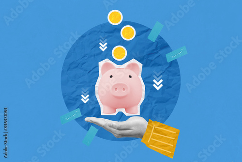 Creative art collage of invest and saving success in the future goal. Hand holding piggy bank with coin are dropping from above