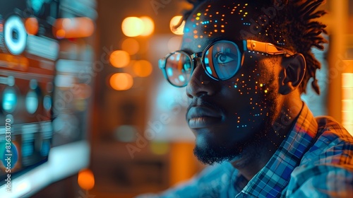 Half-Robot Human Operator Focused on Holographic Computer in Modern Office