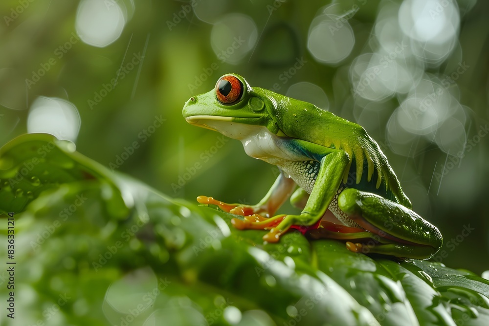 Obraz premium A cute red-eyed tree frog sitting on a green leaf in a tropical setting