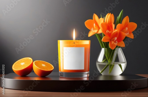 Orange candle with a soft flame, fresh citrus fruits, and a beautiful vase of bright orange lilies photo