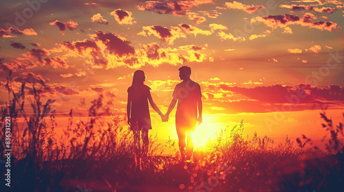 A romantic couple walks hand-in-hand through a golden meadow at sunset photo