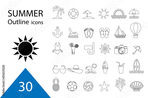 Summer vector icon set. Icons, signs and banners. Collection elements for summer holidays, travel, tourism and parties. Vector illustration