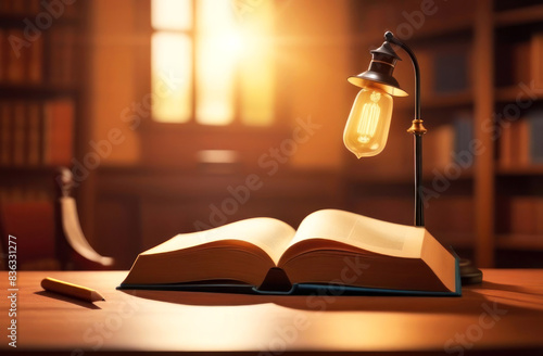 A cozy study setup featuring a glowing vintage lamp and an open book under the warm sunlight photo