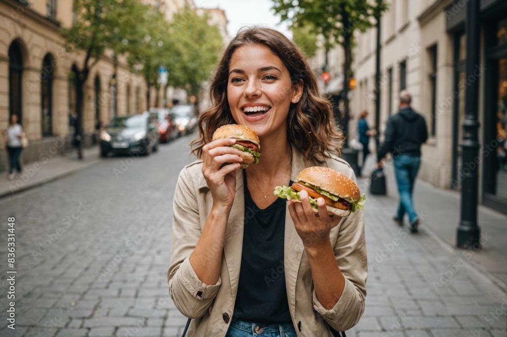 happy Young woman with a handbag eating burger on the sidewalk