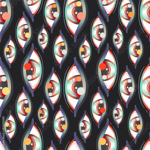 Eyes, seamless pattern over colorful dotted retro 80s, 90s abstract backgroun...