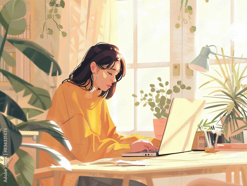 Illustration of a Girl Working on Laptop in Cozy Workspace Illustration of a Girl Working on Laptop in Cozy Workspace