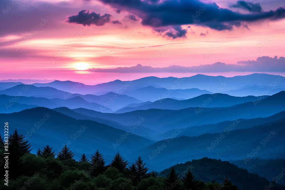 Sunset Over The Great Smokey Mountains with forest.
Sunset Over The Great Smokey Mountains with forest.