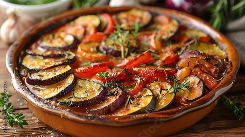 A beautifully baked ratatouille, featuring layers of colorful vegetables topped with a sprinkle of fresh thyme, served in a rustic terracotta dish. © LuvTK
