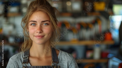 Portrait of a confident young woman with a subtle smile, standing in a well-organized workshop