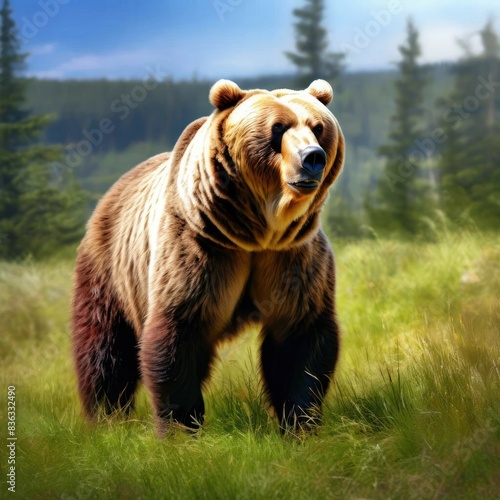 Majestic Grizzly Bear in a Lush Forest Clearing © buena17