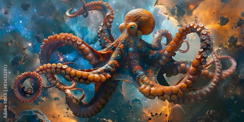 Obraz premium Fantasy octopus galaxy with humanoid animals in deep space star field. Concept Fantasy, Octopus, Galaxy, Humanoid Animals, Deep Space Star Field