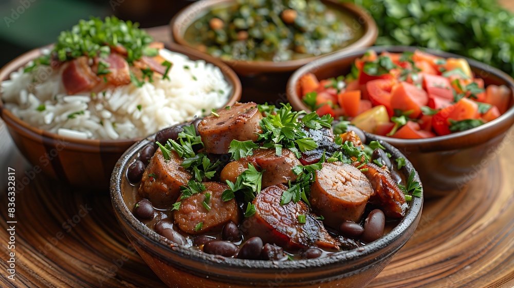 A beautifully plated feijoada, featuring a rich black bean stew with various cuts of pork, sausage, and bacon, garnished with fresh parsley. A beautifully plated feijoada, featuring a rich black bean stew with various cuts of pork, sausage, and bacon, garnished with fresh parsley.