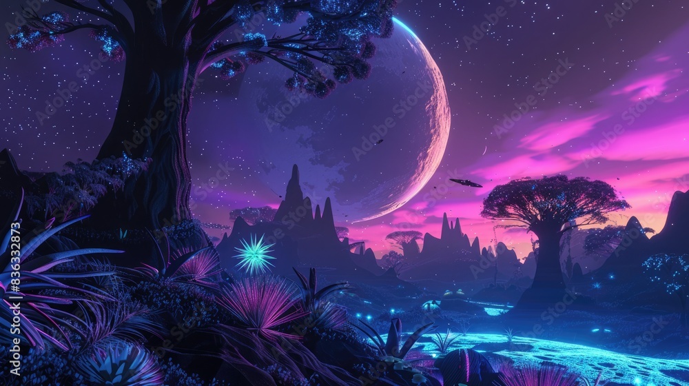 3D otherworldly landscape with bioluminescent plants and a vibrant, alien sky. 3D futuristic landscape 3D otherworldly landscape with bioluminescent plants and a vibrant, alien sky. 3D futuristic landscape