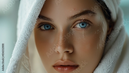 A beautiful woman with blue eyes and a white towel on her head  perfect skin tone  clean face  spa background  beauty concept