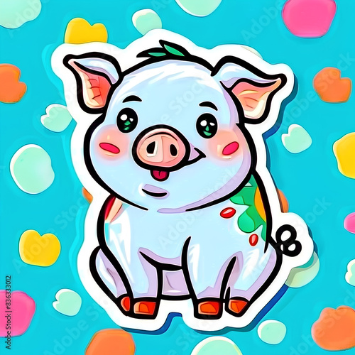 Cute Piglet Illustration with Colorful Hearts on Blue Background photo