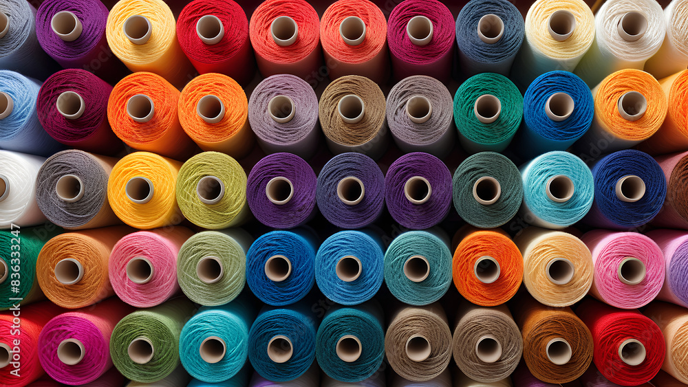 Colorful Spools - A meticulous arrangement of vividly hued thread spools creating a vibrant and textured backdrop. Colorful Spools - A meticulous arrangement of vividly hued thread spools creating a vibrant and textured backdrop.
