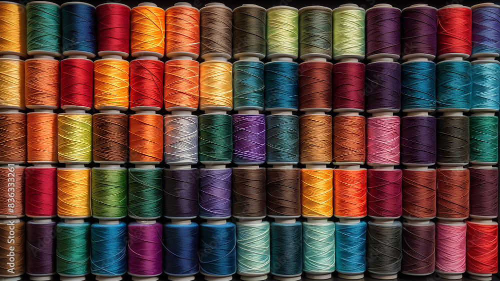 Vivid Threads - A mesmerizing pattern created by a stack of thread spools in vibrant colors, arranged as a colorful backdrop. Vivid Threads - A mesmerizing pattern created by a stack of thread spools in vibrant colors, arranged as a colorful backdrop.