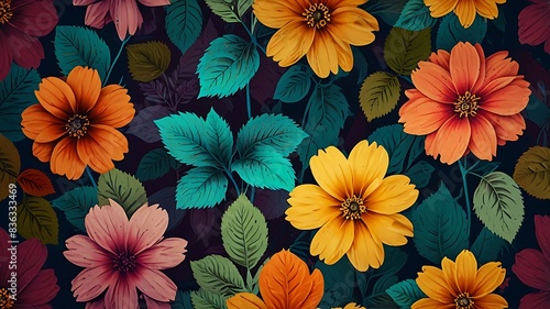 colorful abstract seamless background with flowers and leaf
