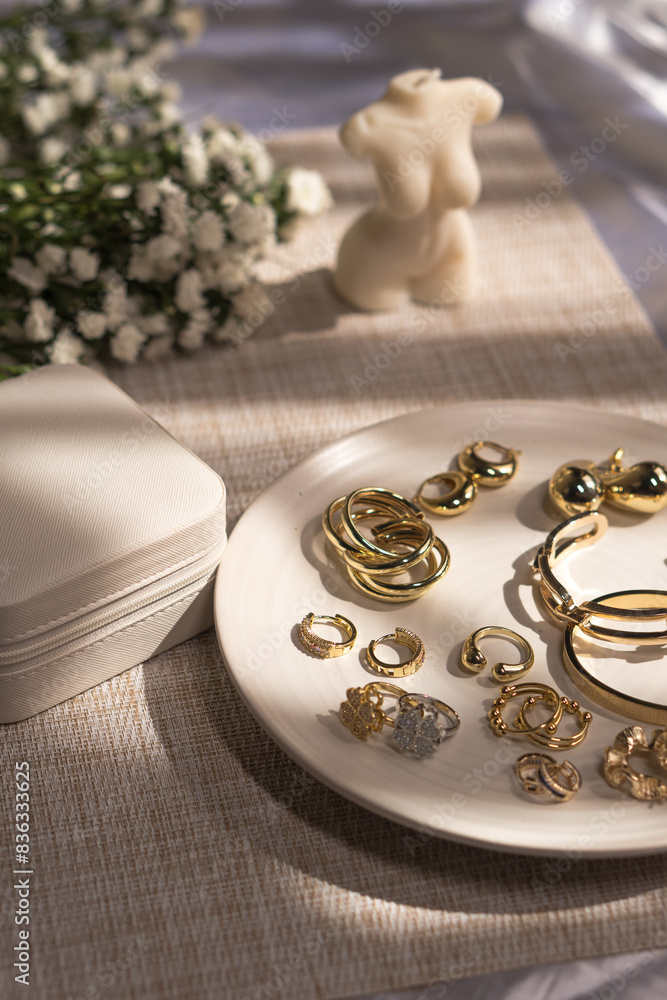 Elegant Fantasy Golden Jewelry on Display. Retail store. Elegant Fantasy Golden Jewelry on Display. Retail store.