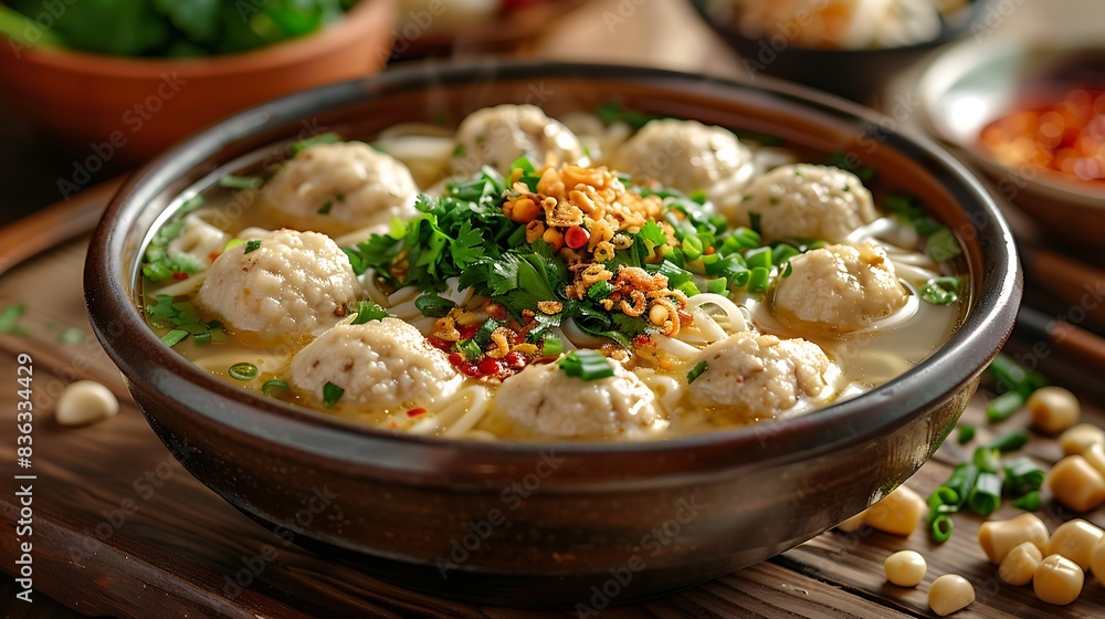 A classic bakso meal, with a rich broth, tender meatballs, noodles, and tofu, garnished with fresh cilantro and fried shallots.