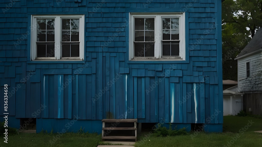 Blue paint on the exterior of a little American house Blue paint on the exterior of a little American house