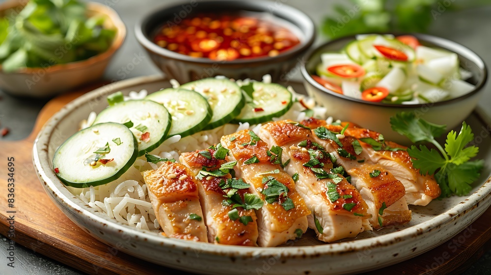 A classic chicken rice meal, with tender poached chicken slices on fragrant oily rice, garnished with fresh cilantro and cucumber slices. A classic chicken rice meal, with tender poached chicken slices on fragrant oily rice, garnished with fresh cilantro and cucumber slices.