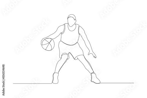 Professional basketball player continuous line drawing. Playing basketball outline vector isolated on white background.