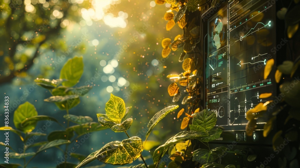 Fototapeta premium Futuristic Green Technology Concept with Innovative Interfaces Amidst Verdant Foliage. Generative ai