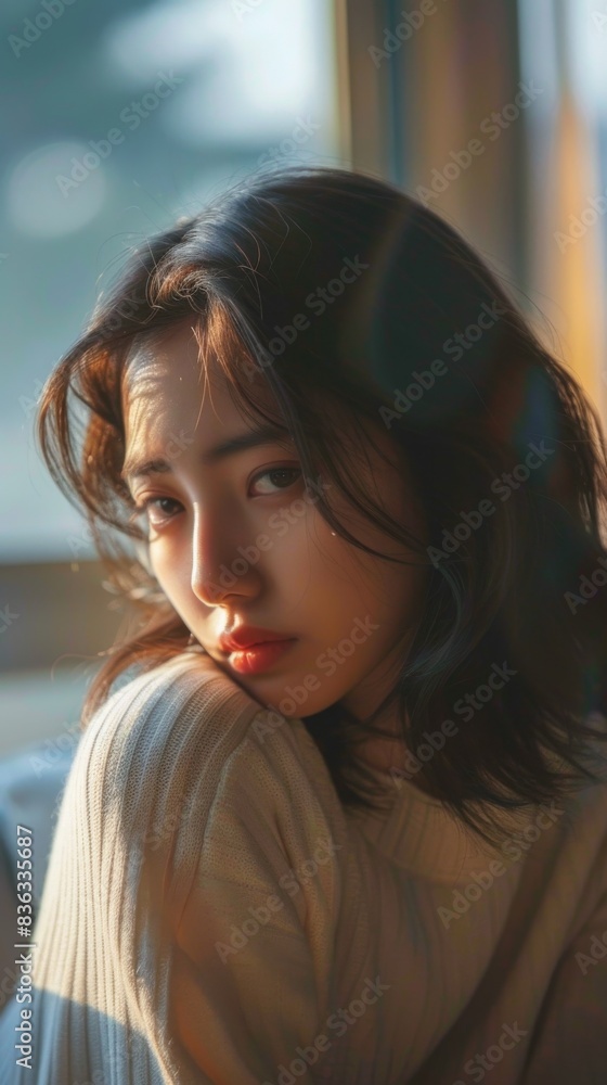 Sad asian girl at home. Depression or anxiety concept Sad asian girl at home. Depression or anxiety concept