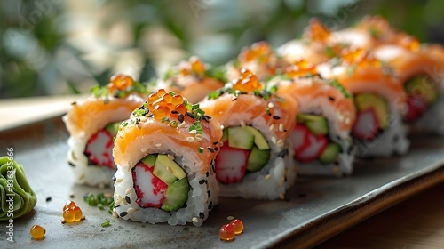 A close-up of a beautifully crafted sushi roll, filled with fresh tuna, avocado, and cucumber, topped with roe.