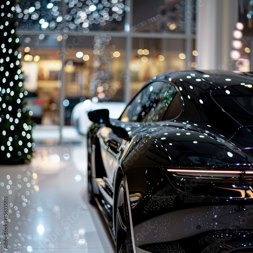 Luxury black sports car in a car showroom.