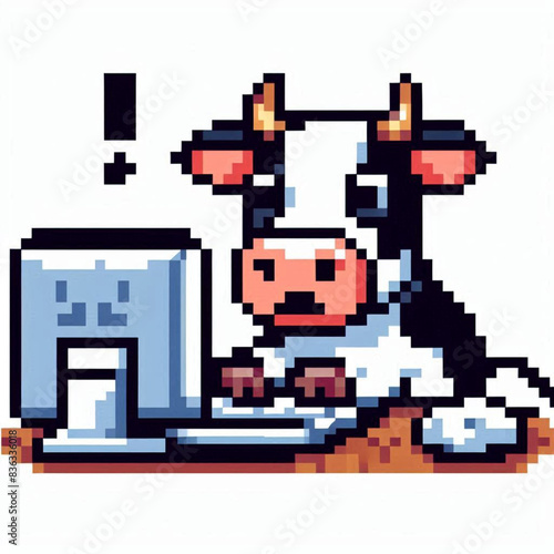 An icon of a cow typing on a computer