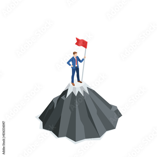 isometric vector business man with waving flag on top of mountain, in color on white background, achieving goal or success