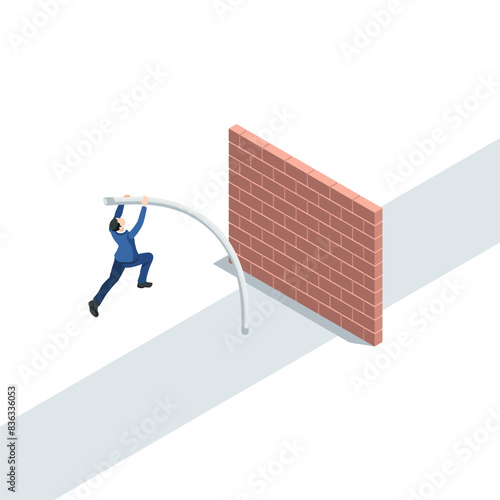 isometric vector business man using a pole jumps over a brick barrier blocking the path, in color on a white background, overcome challenges