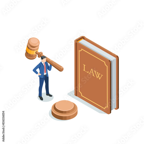 isometric vector business man with a judge's gavel near the law book, in color on a white background, judge courses or jurisprudence
