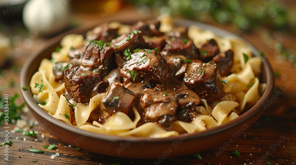 A close-up view of a classic beef stroganoff, featuring tender sautéed beef strips in a creamy mushroom sauce, served over a bed of wide egg noodles. A close-up view of a classic beef stroganoff, featuring tender sautéed beef strips in a creamy mushroom sauce, served over a bed of wide egg noodles.