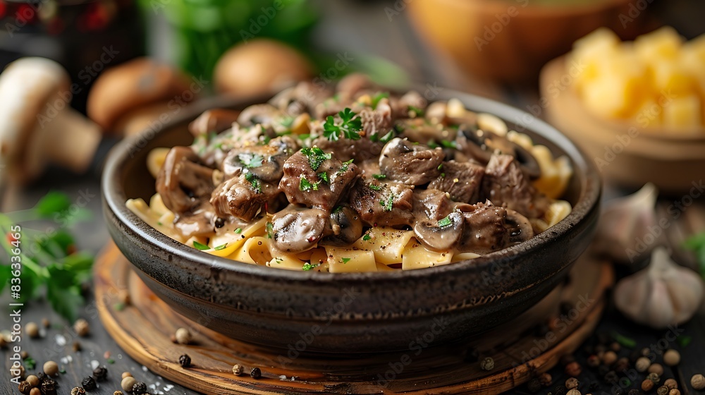 A close-up view of a classic beef stroganoff, featuring tender sautéed beef strips in a creamy mushroom sauce, served over a bed of wide egg noodles. A close-up view of a classic beef stroganoff, featuring tender sautéed beef strips in a creamy mushroom sauce, served over a bed of wide egg noodles.
