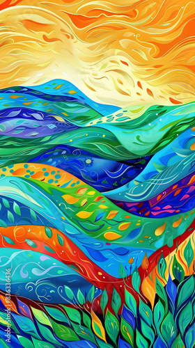 Abstract Colorful Ocean Waves Illustration at Sunset photo