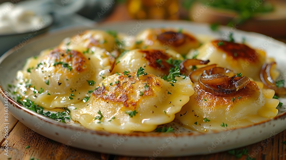 A close-up view of a plate of freshly cooked pierogi, featuring golden-brown dumplings filled with potatoes and cheese, garnished with sautéed onions and fresh parsley. A close-up view of a plate of freshly cooked pierogi, featuring golden-brown dumplings filled with potatoes and cheese, garnished with sautéed onions and fresh parsley.