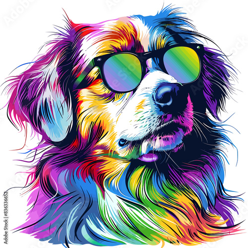 Vector a dog with sunglasses and a rainbow colored coat on a white background